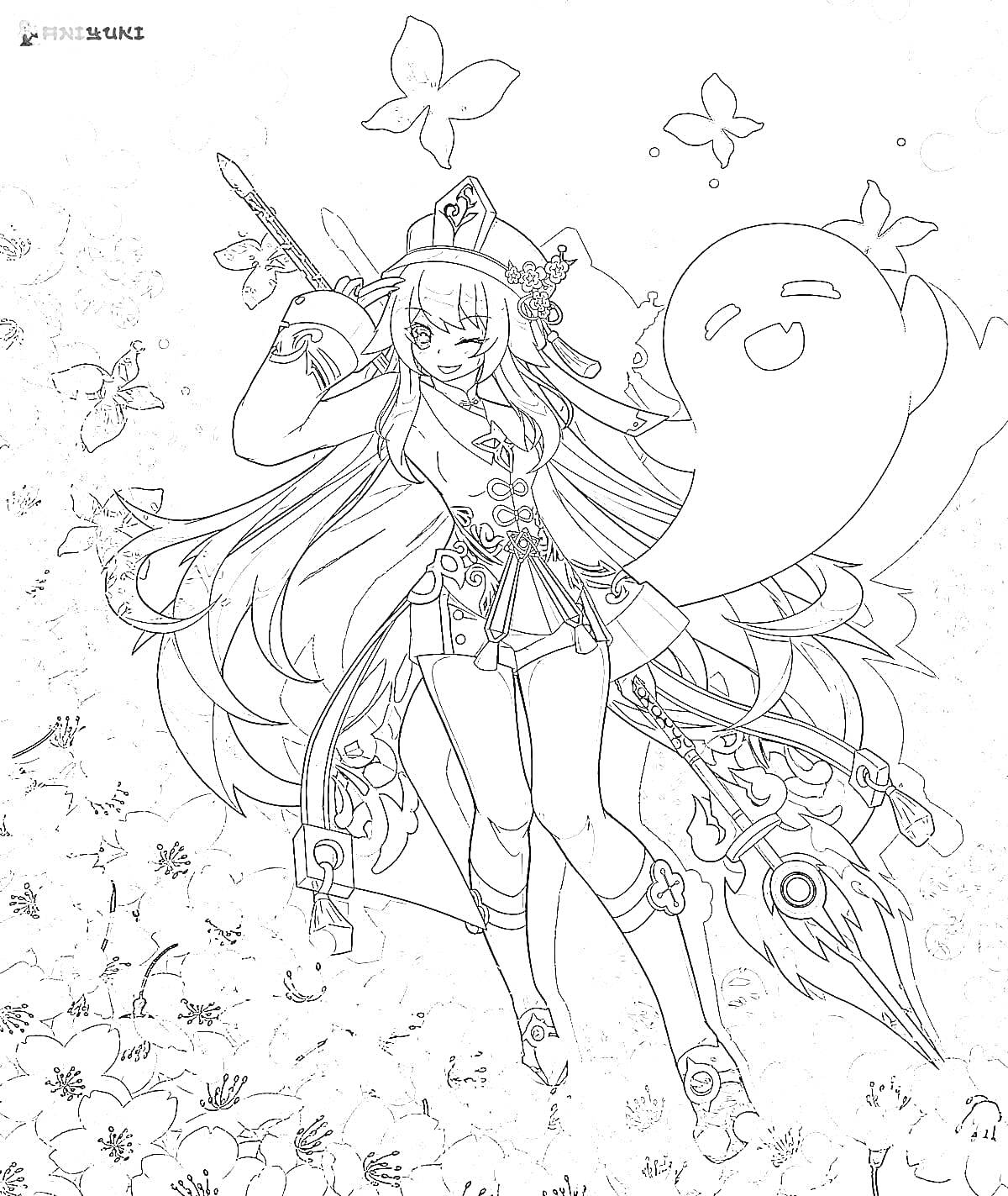  Девушка с длинными волосами и шляпой, с духом и бабочками, цветы на заднем плане