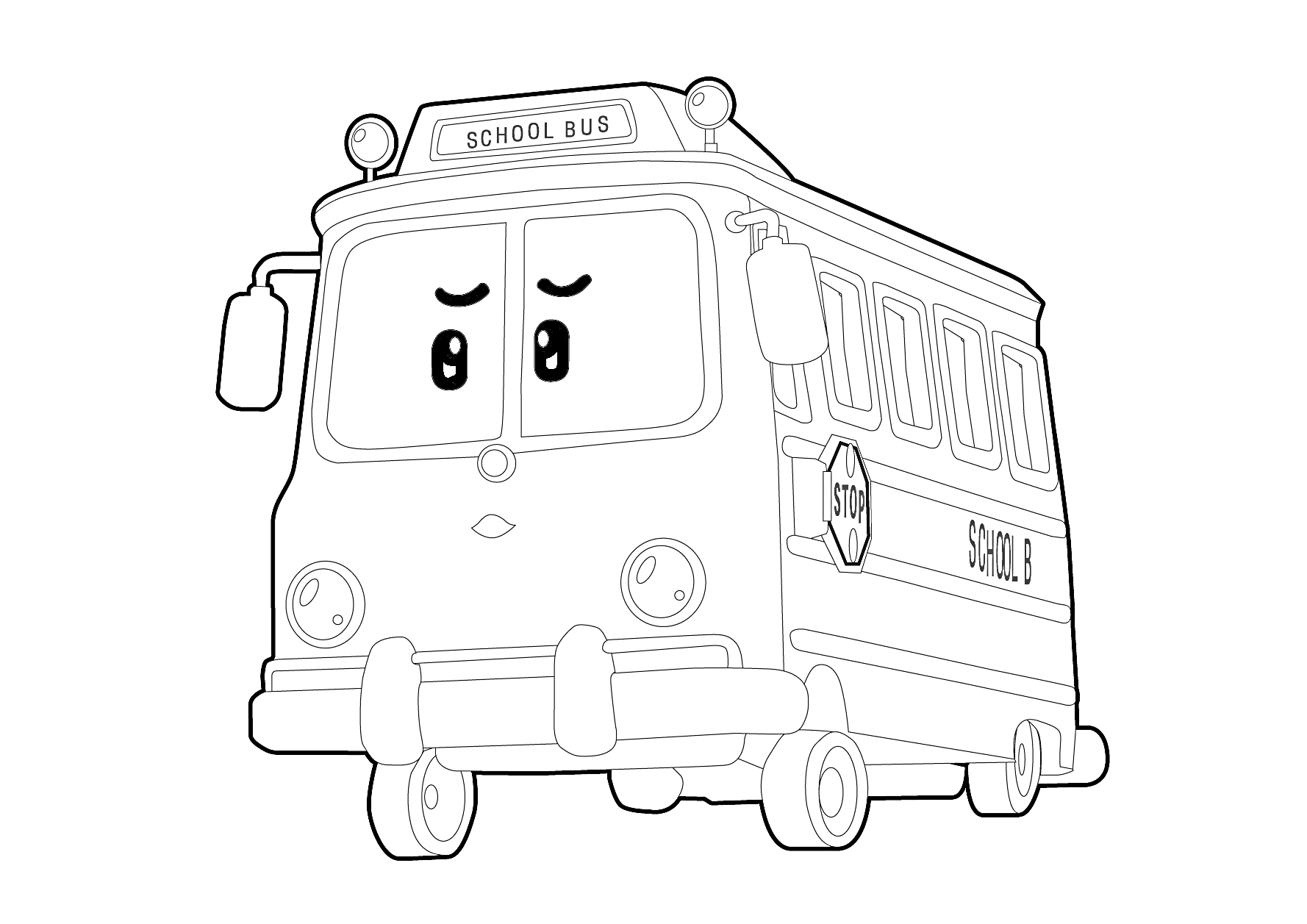 На раскраске изображено: Школьный автобус, Поли Робокар, Транспорт, Из мультфильмов, Глаза