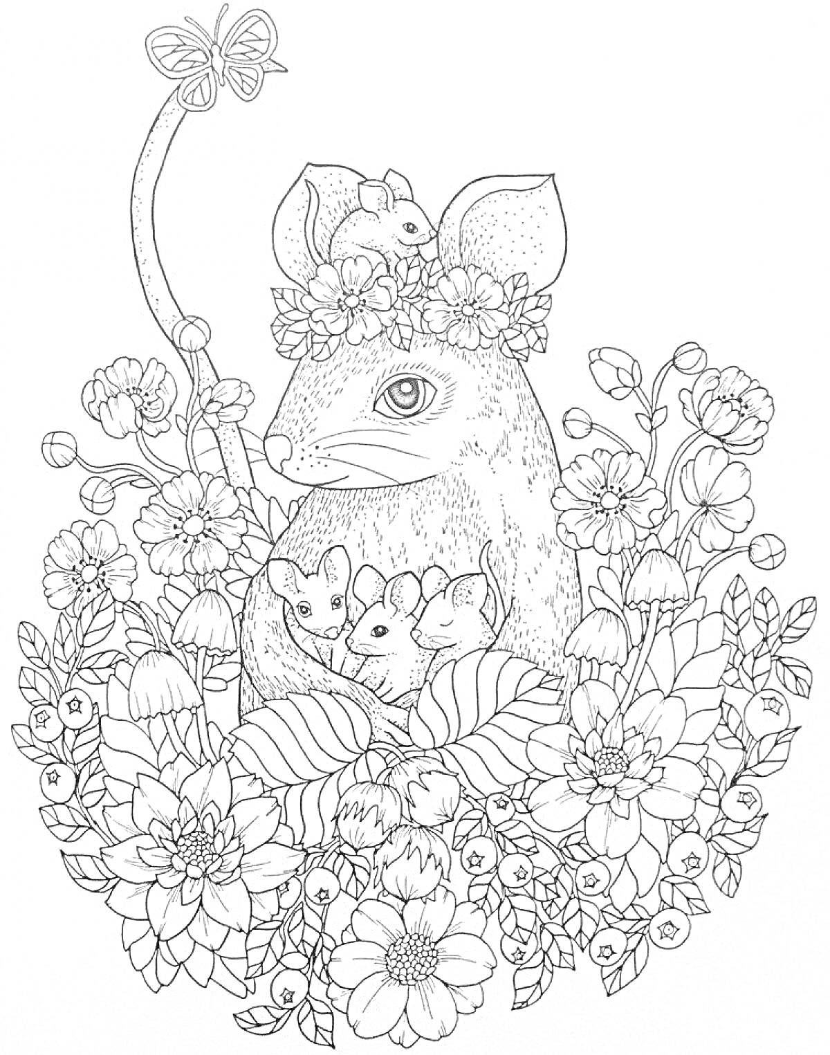 РаскраскаМышь в венке из цветов с мышатами, бабочкой и растениями