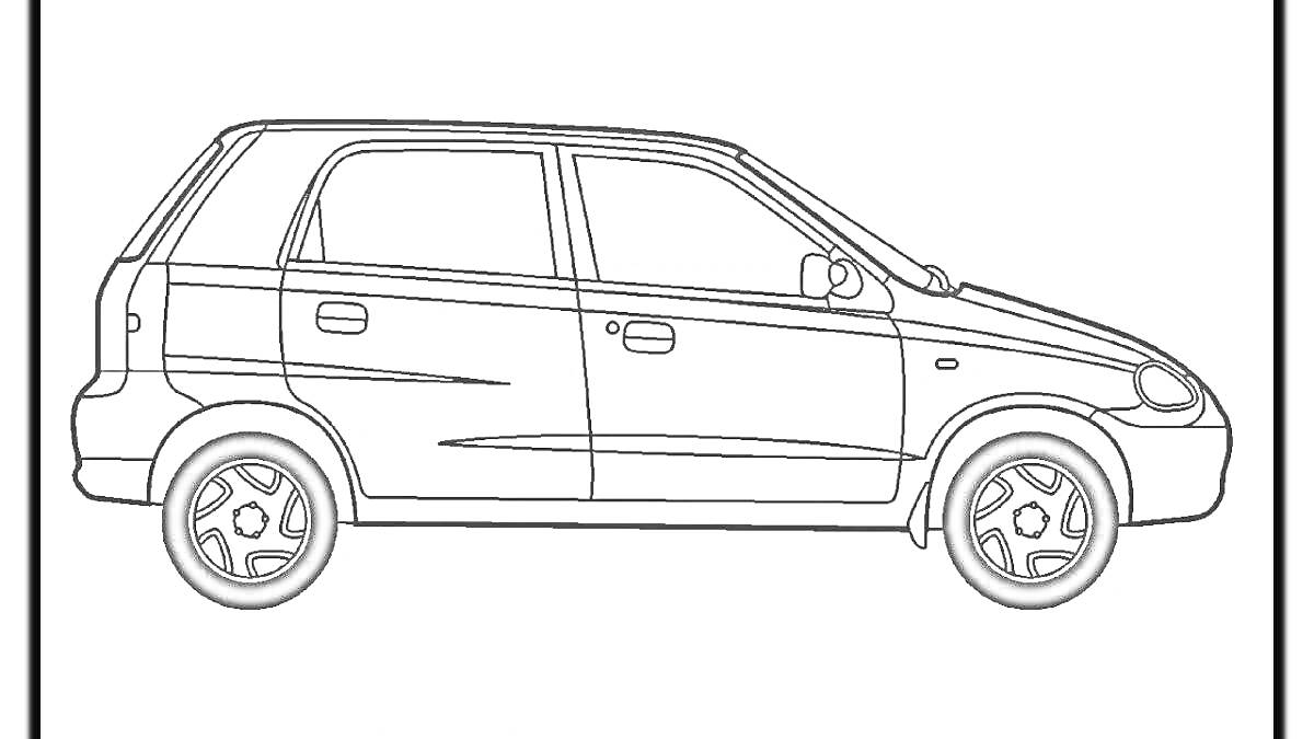 Раскраска Контурная раскраска автомобиля Лада Калина, вид сбоку с изображением дверей, окон, колес и элементов кузова.