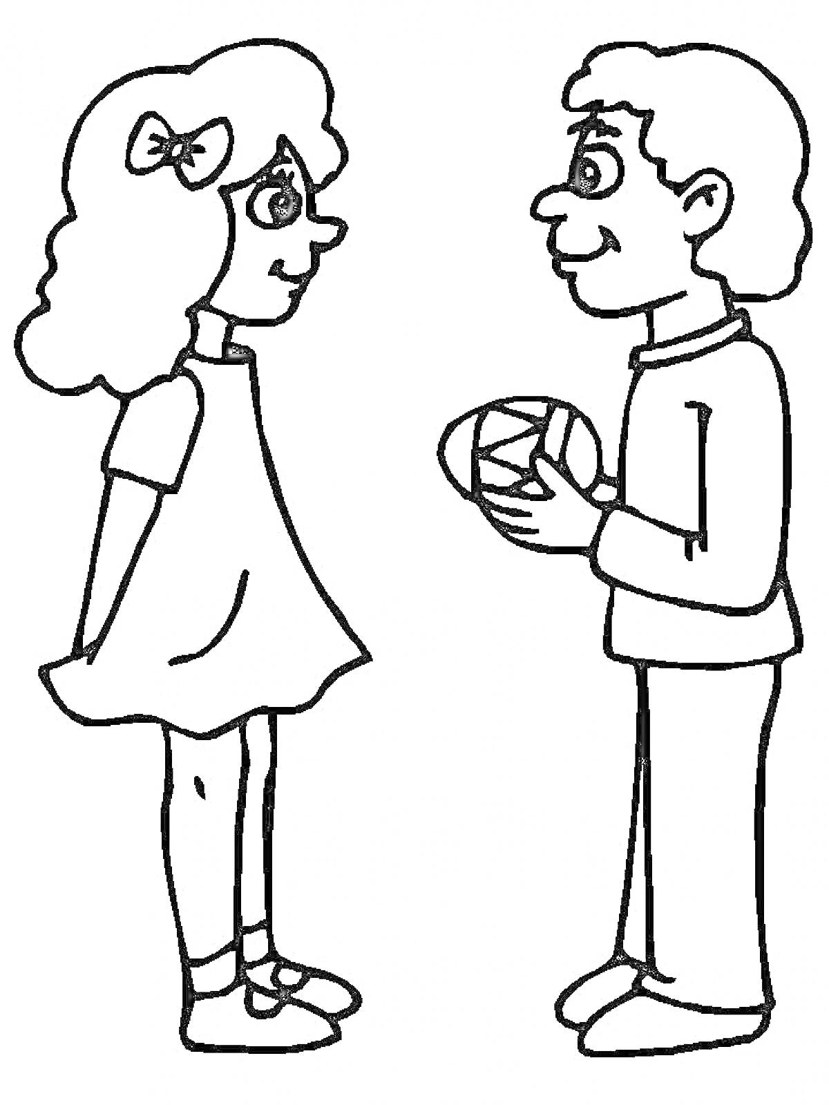Раскраска Девочка и мальчик с мячом. Девочка с бантом в волосах и в платье, мальчик с мячом в руках