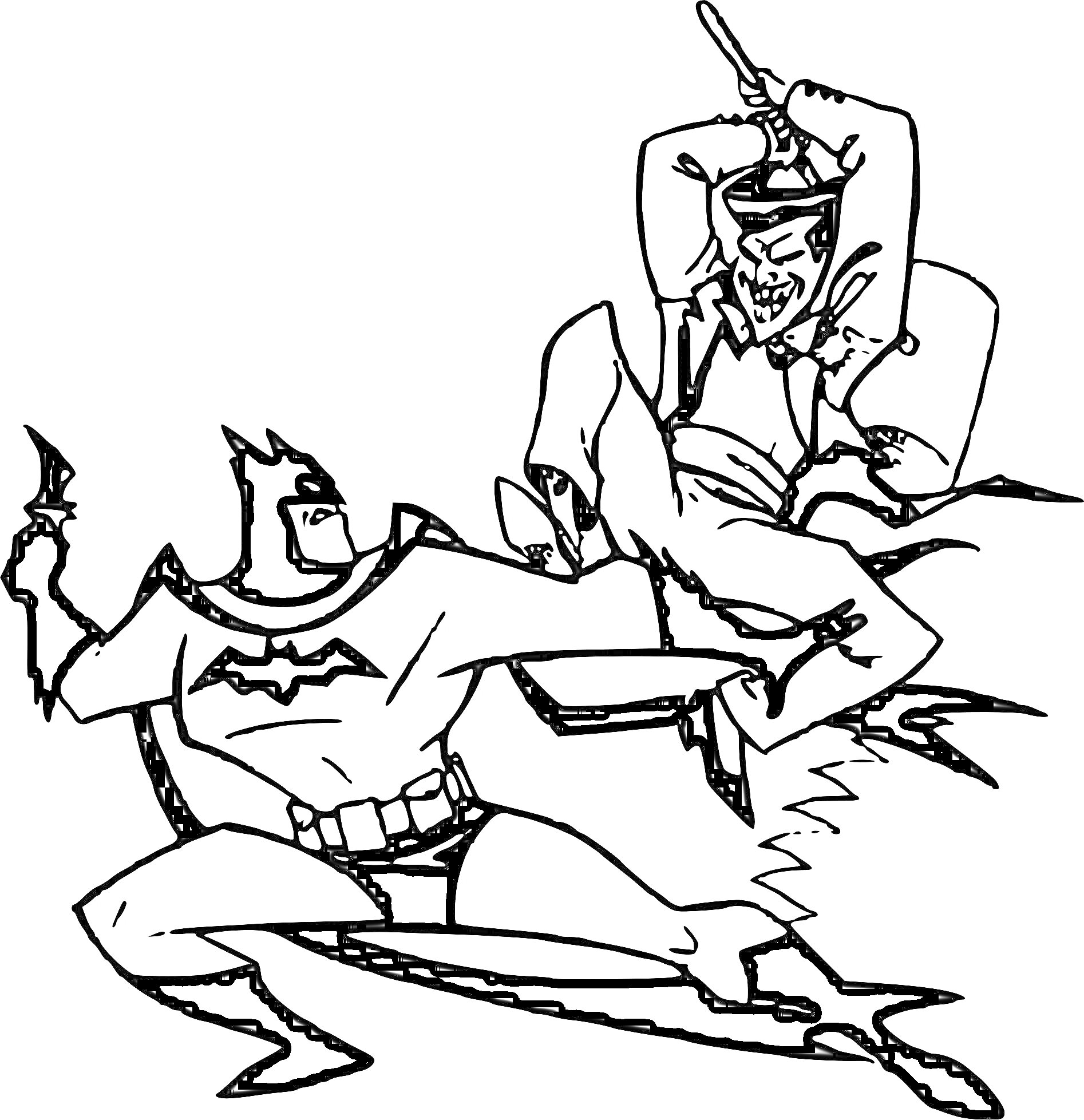 Раскраска Бэтмен наносит удар Джокеру с битой в руке