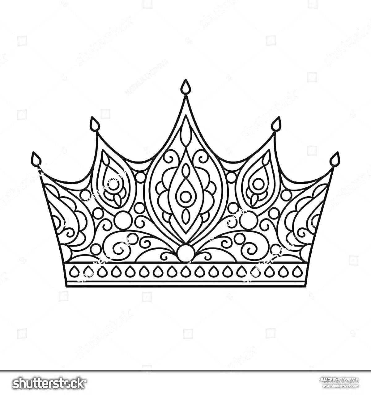 На раскраске изображено: Корона, Девочка, Узоры, Драгоценные камни, Украшения, Принцесса