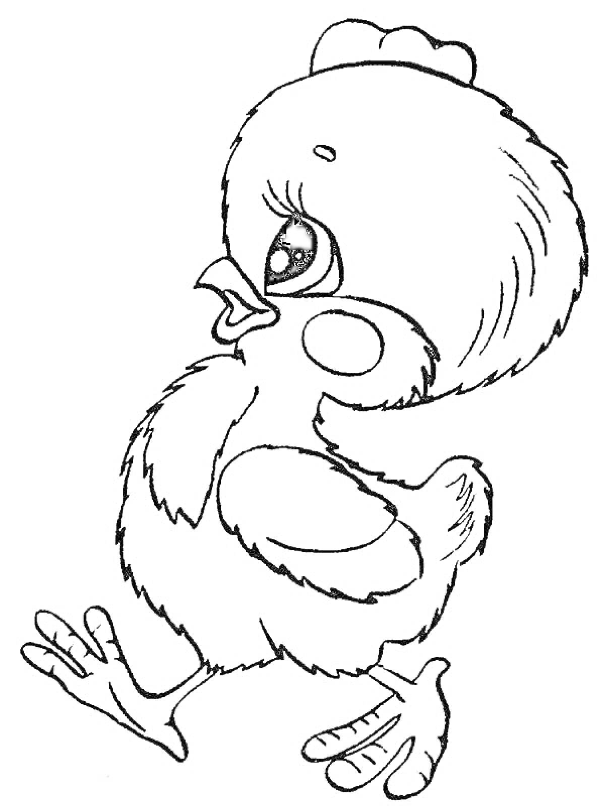 Раскраска Мультяшный птенец с крупными глазами и гребнем, шагающий влево