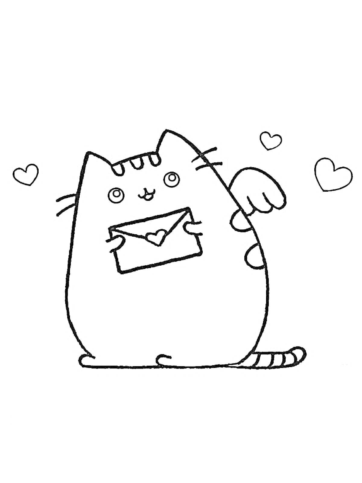 Раскраска Кот Пушин с крыльями, держащий конверт с сердечком, с летающими сердечками вокруг