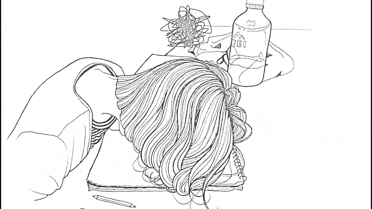 Опущенная голова на книге, рядом бутылка воды и беспорядок на столе