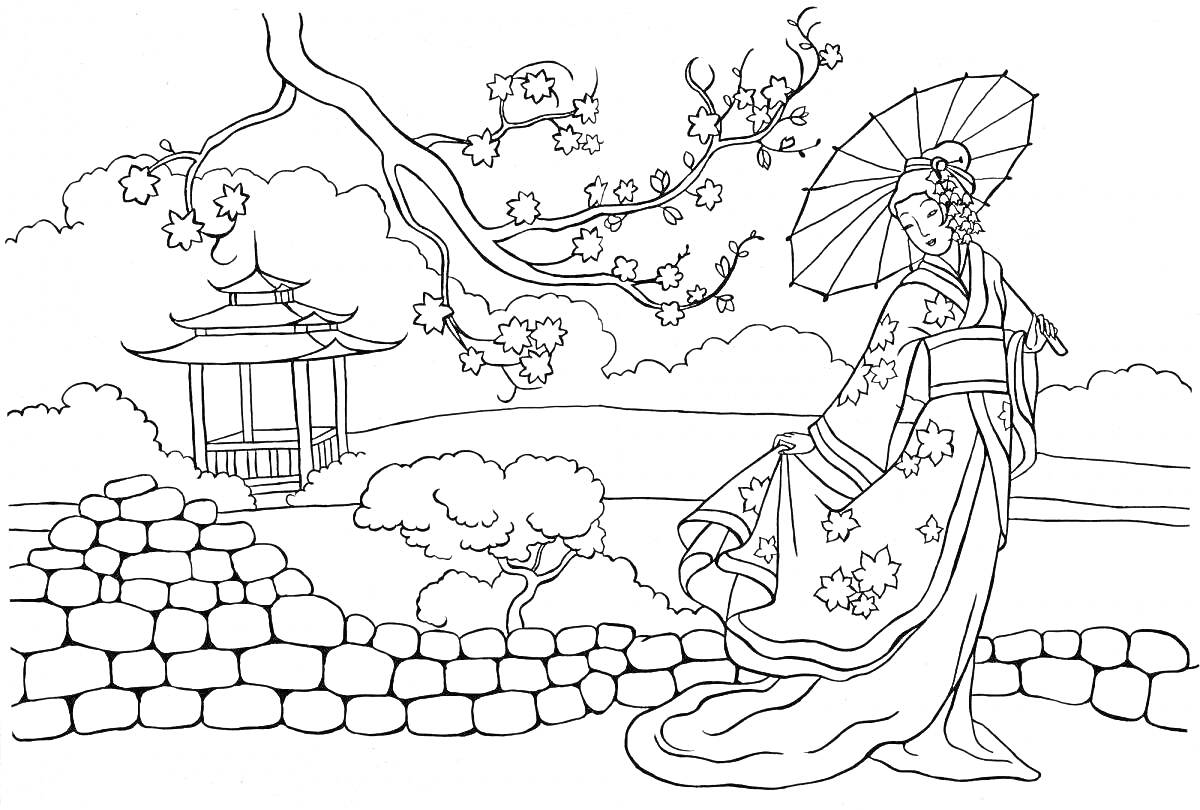 На раскраске изображено: Япония, Пейзаж, Женщина, Кимоно, Зонт, Каменная стена, Беседка, Природа, Культура