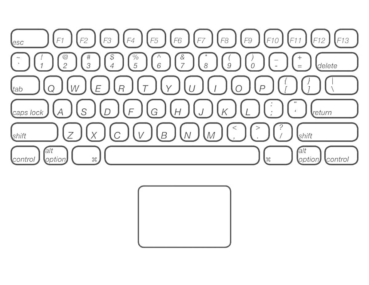 Компьютерная клавиатура с трекпадом (Esc, F1-F12, Tab, Caps Lock, Shift, Ctrl, Alt, Space, QWERTY, буквы, цифры, стрелки, Enter, Backspace, Delete, плюс трекпад)