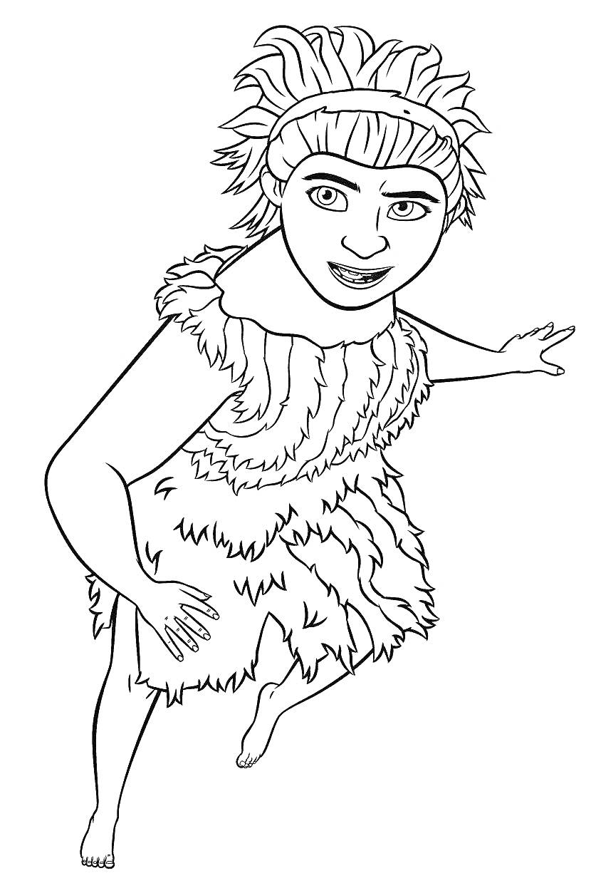 Раскраска Девочка из Семейки Крудс в платье из шкур, бегущая вперед