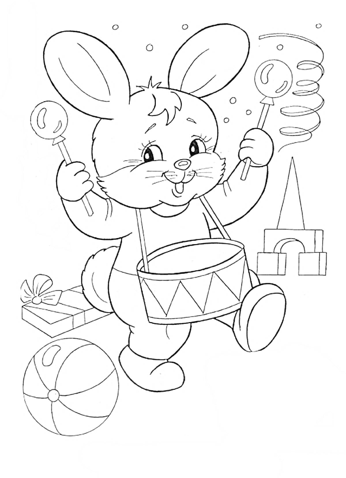 На раскраске изображено: Кролик, Барабан, Игрушки, Мяч, Спираль, Пирамидка, Подарки