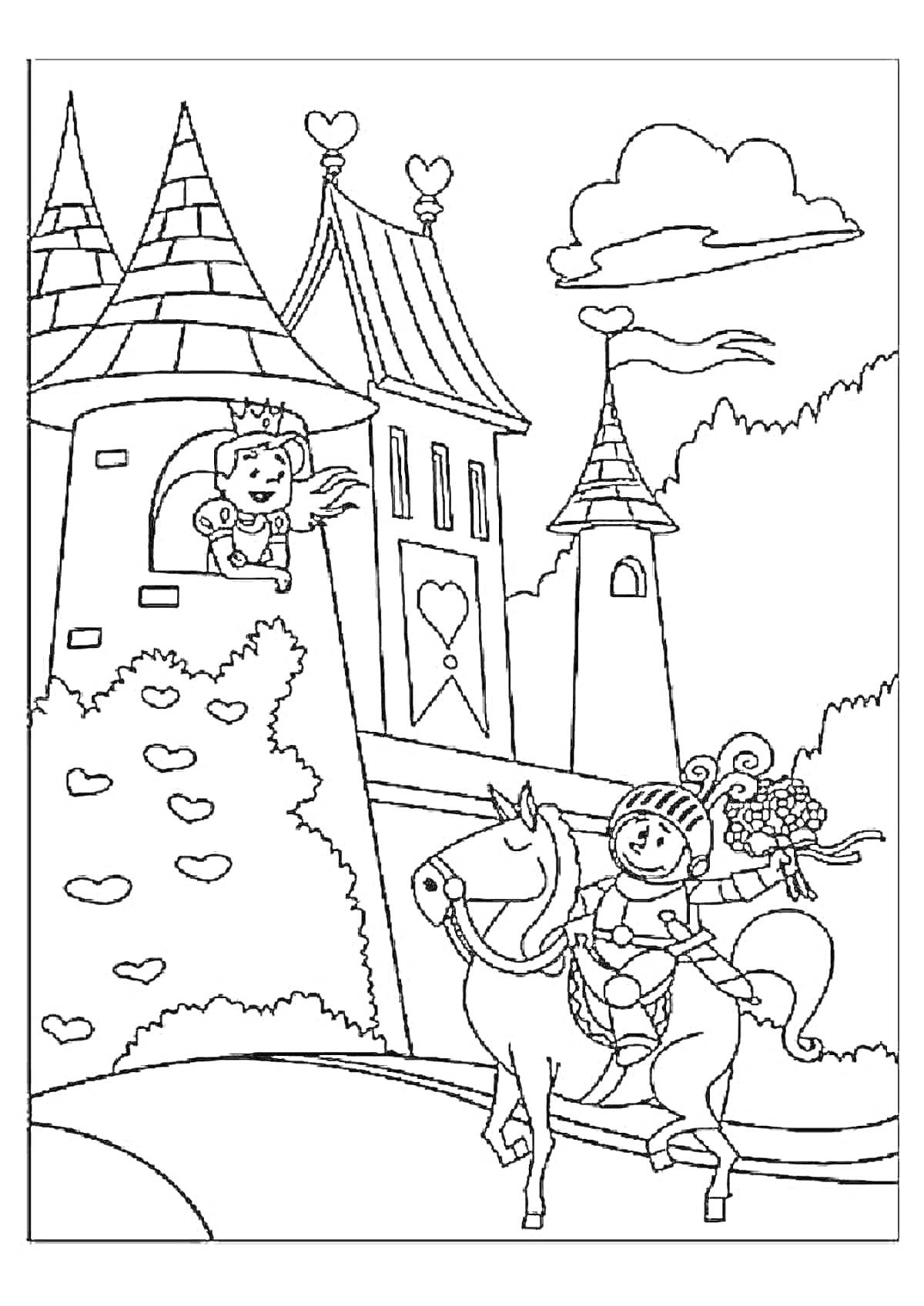 На раскраске изображено: Принцесса, Замок, Лошадь, Сердца, Облака, Флаг, Природа, Башни, Дороги, Рыцари