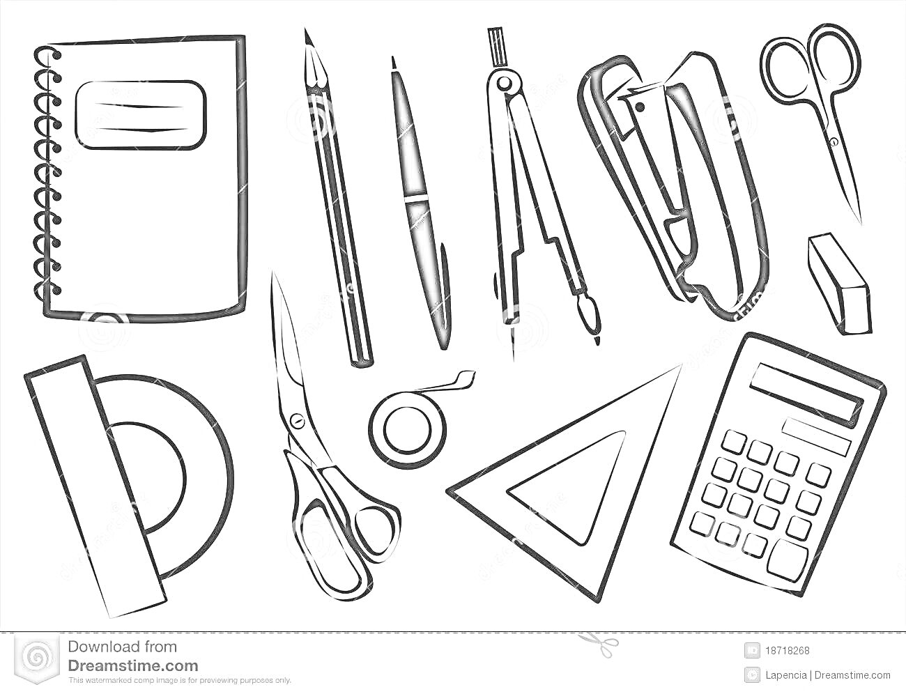 На раскраске изображено: Блокнот, Ручка, Циркуль, Степлер, Клей, Ножницы, Линейка, Транспортир, Калькулятор, Учебные принадлежности, Школьные принадлежности, Канцтовары