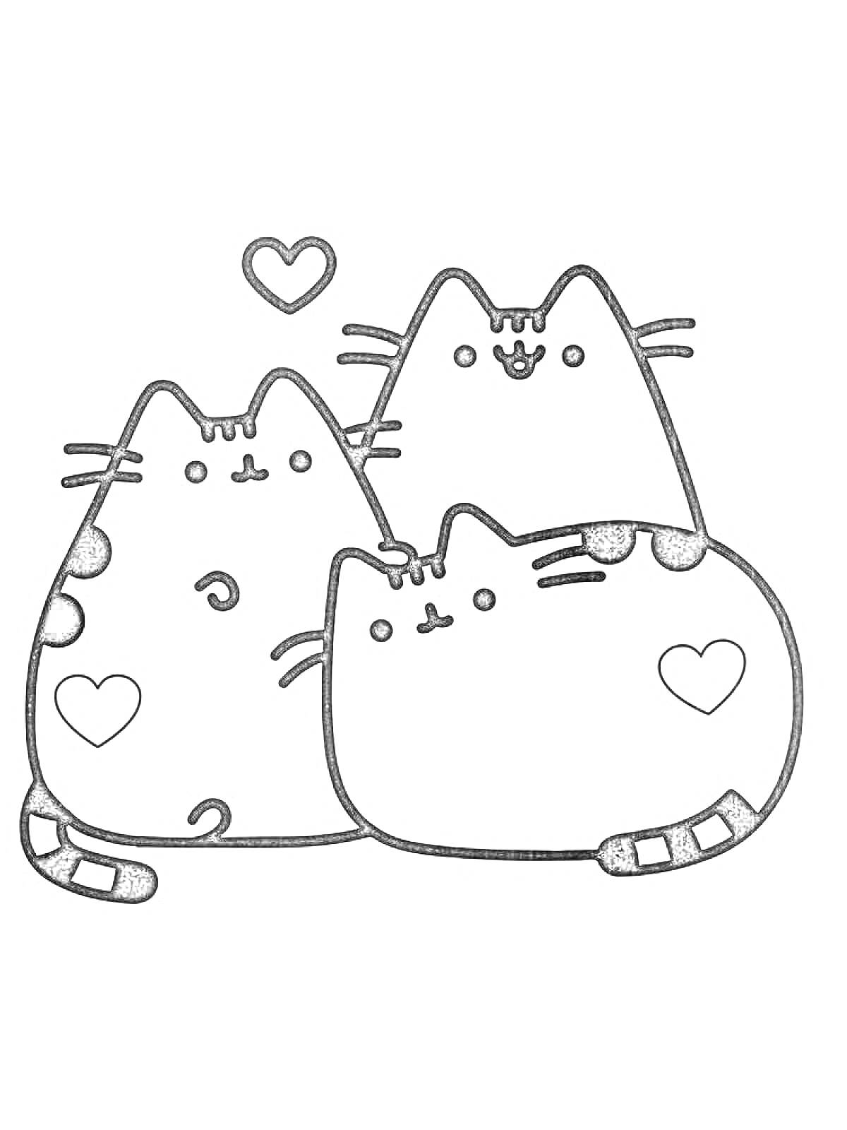 Раскраска Кот Пушин и два других кота с сердечками и сердечком над ними
