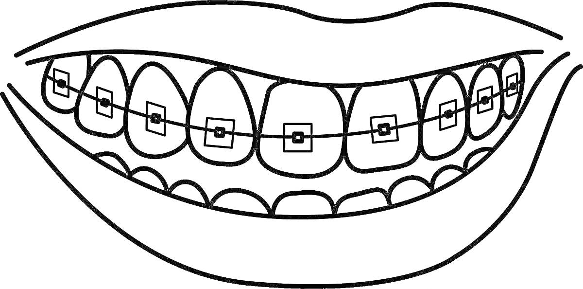 На раскраске изображено: Улыбка, Зубы, Рот, Стоматология, Для детей