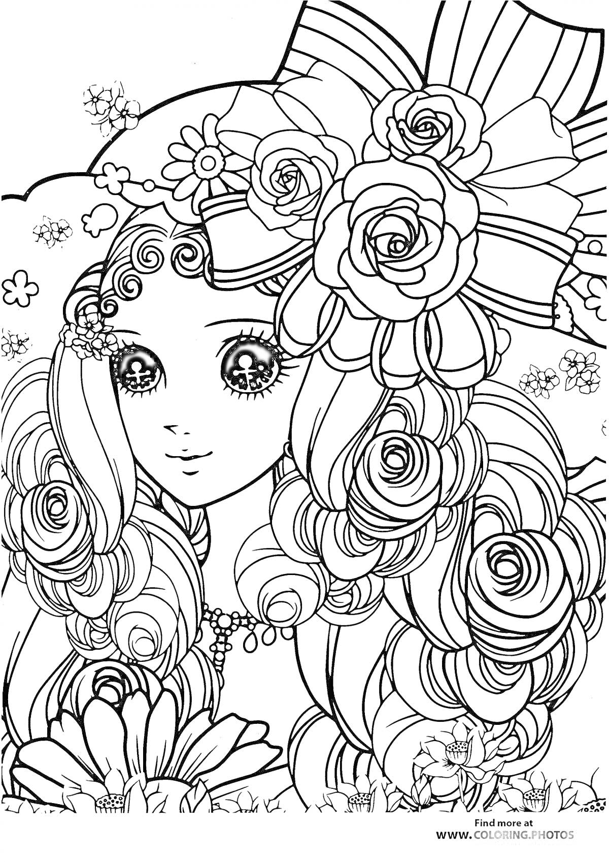 Раскраска Девушка с цветами в волосах и шляпе