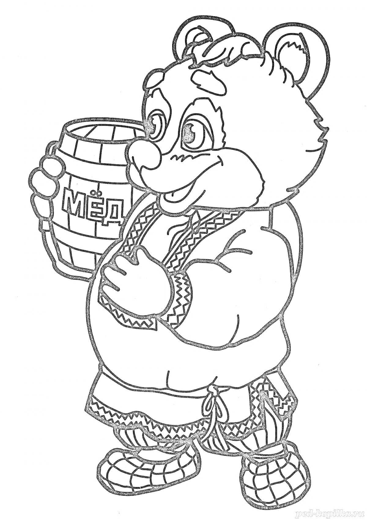 Раскраска Медведь в традиционной одежде с бочонком мёда