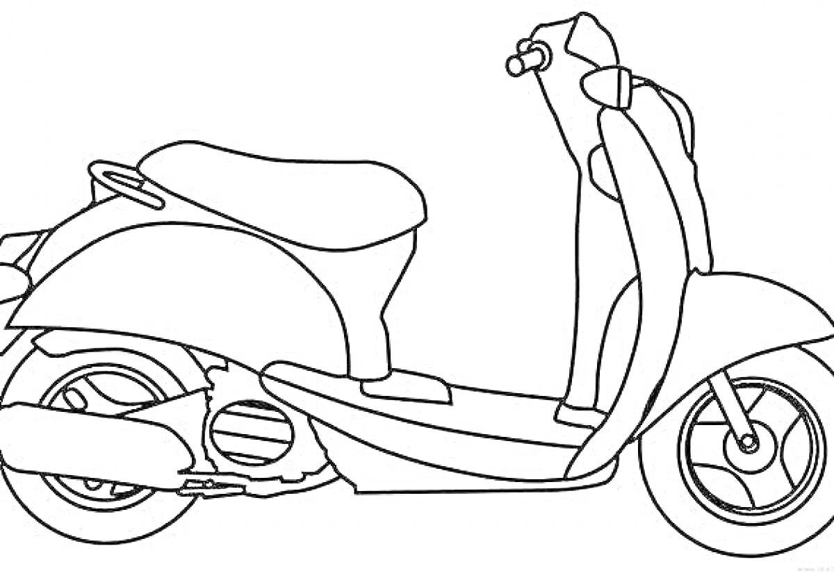 Раскраска Скутер с рулем, сиденьем, задним и передним колесами, задним крылом, выхлопной трубой, и подножкой