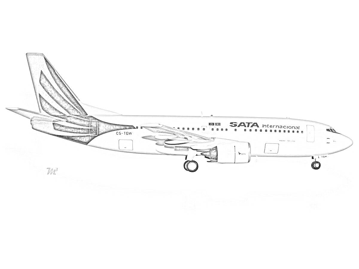 Самолет Боинг 737 с надписью SATA International Airlines на белом фоне, вид сбоку