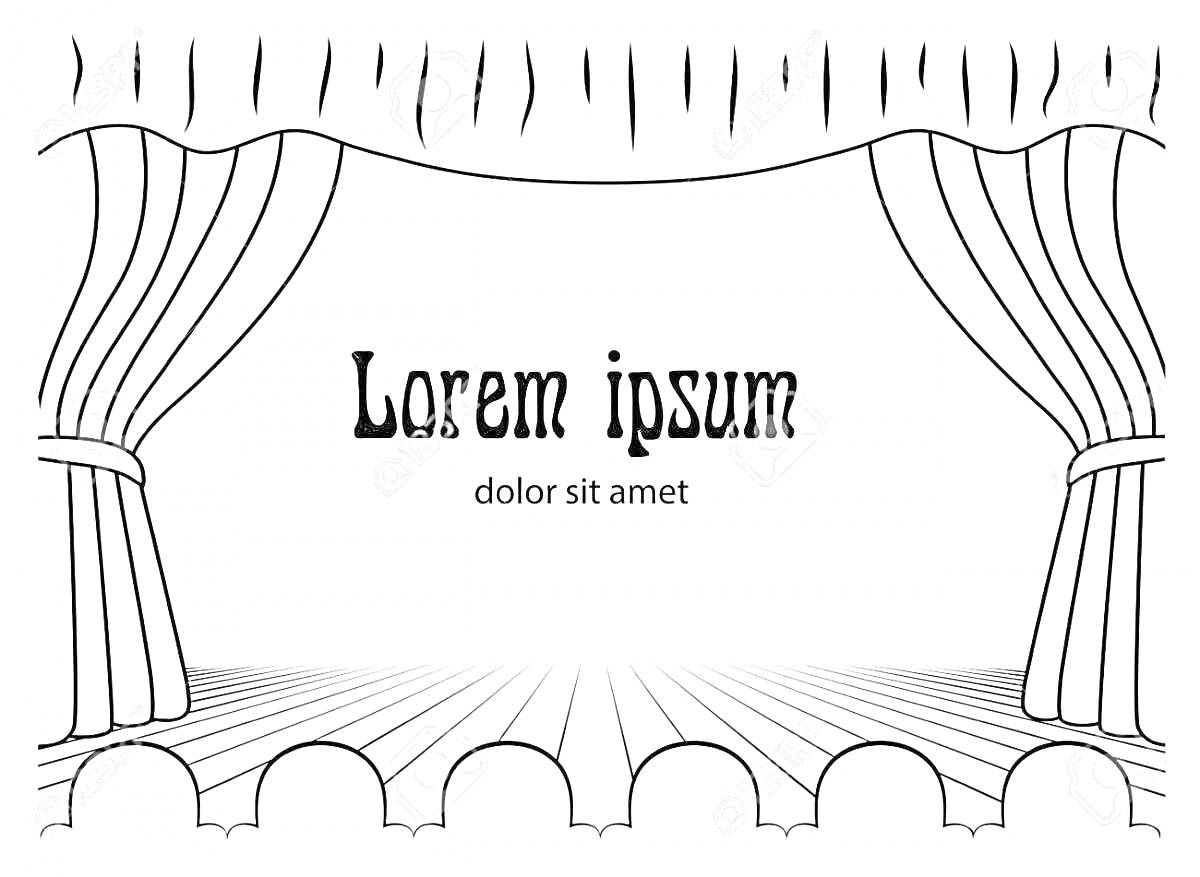 На раскраске изображено: Театр, Занавески, Пол, Текст, Абстрактный фон
