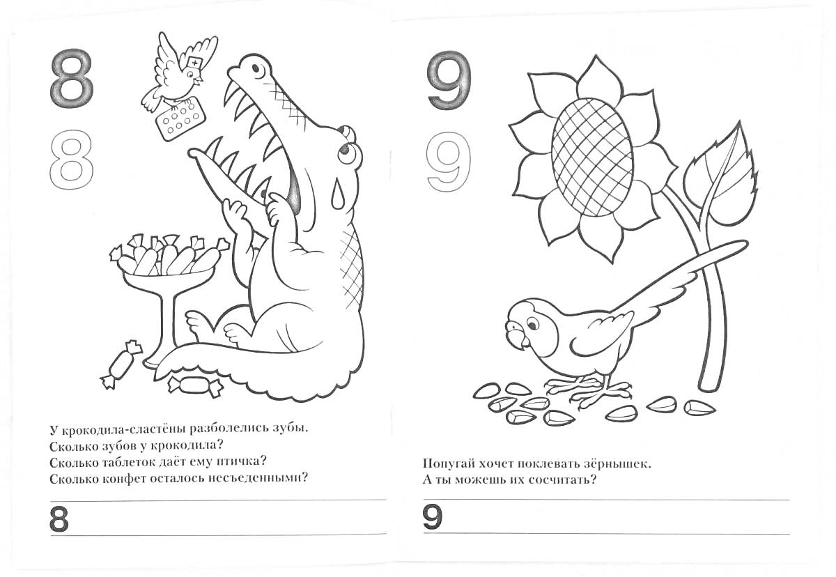 На раскраске изображено: Пословицы, Поговорки, Цифры, Крокодил, Птица, Цветы, Природа, Для детей, Животные, Подсолнечники, Попугаи