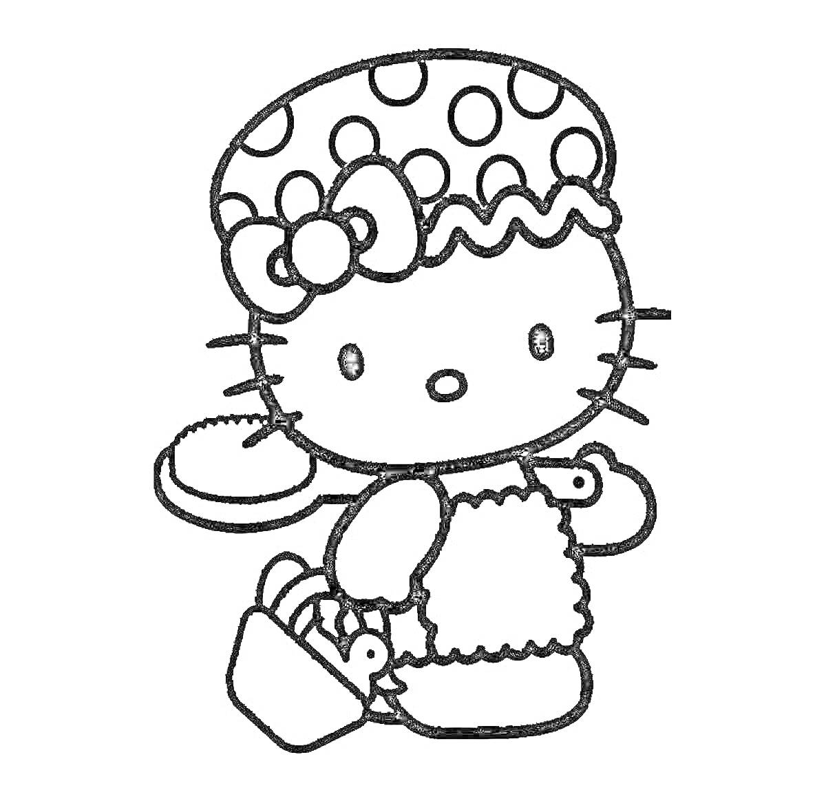 Раскраска Hello Kitty в шапочке с горошком, с корзиной и пирожком