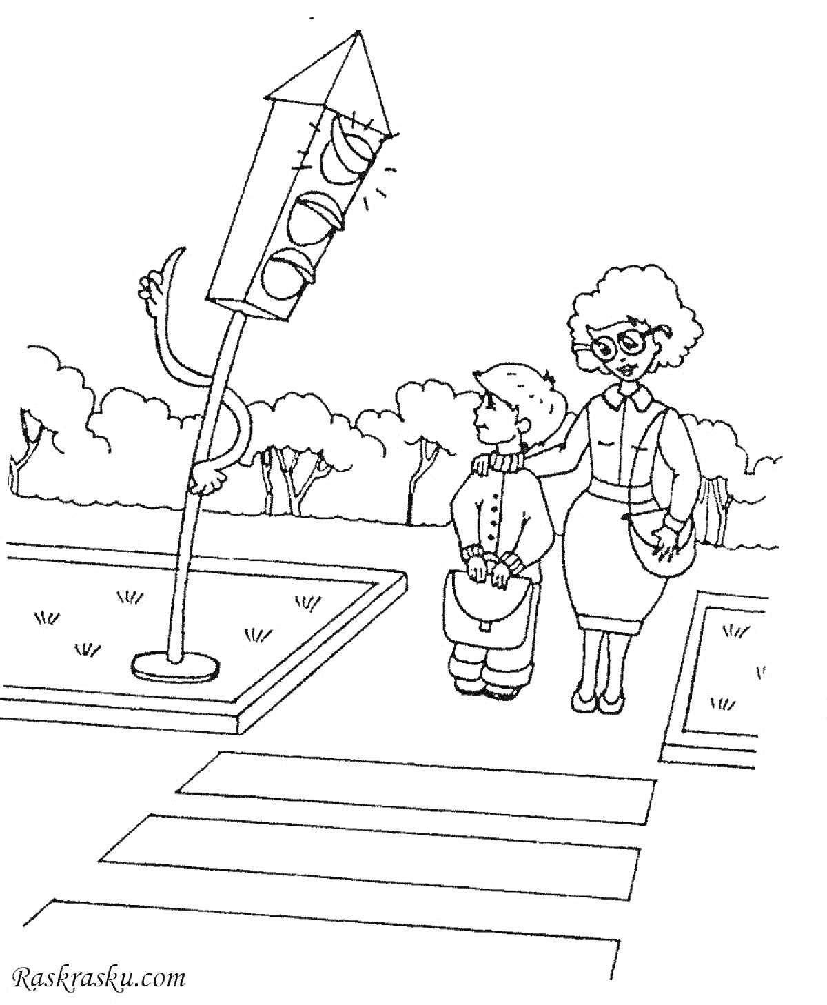 Пожилая женщина и мальчик на пешеходном переходе с жезлом светофора с ручками и ножками.