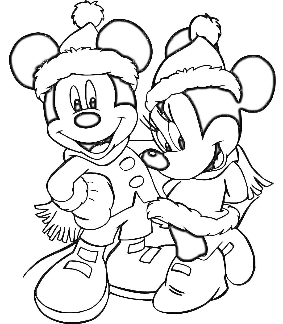Раскраска Микки и Минни Маус в новогодних костюмах с шапочками и шарфами