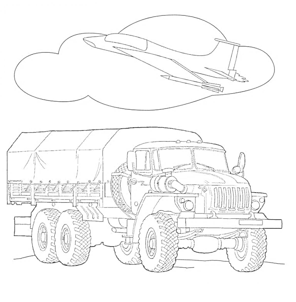 Раскраска Урал грузовик с покрытым кузовом и самолет на заднем фоне