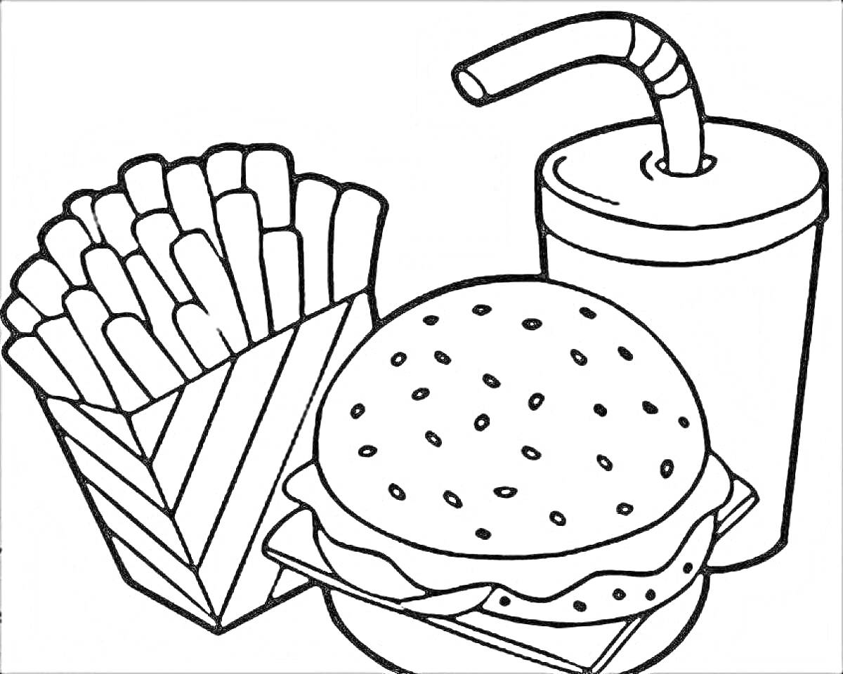 На раскраске изображено: Гамбургер, Напиток, Еда, Для детей, Картофель фри, Фаст-фуд