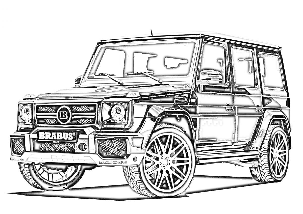 Раскраска Чёрный внедорожник Brabus G-Class с тёмными окнами и крупными колесами