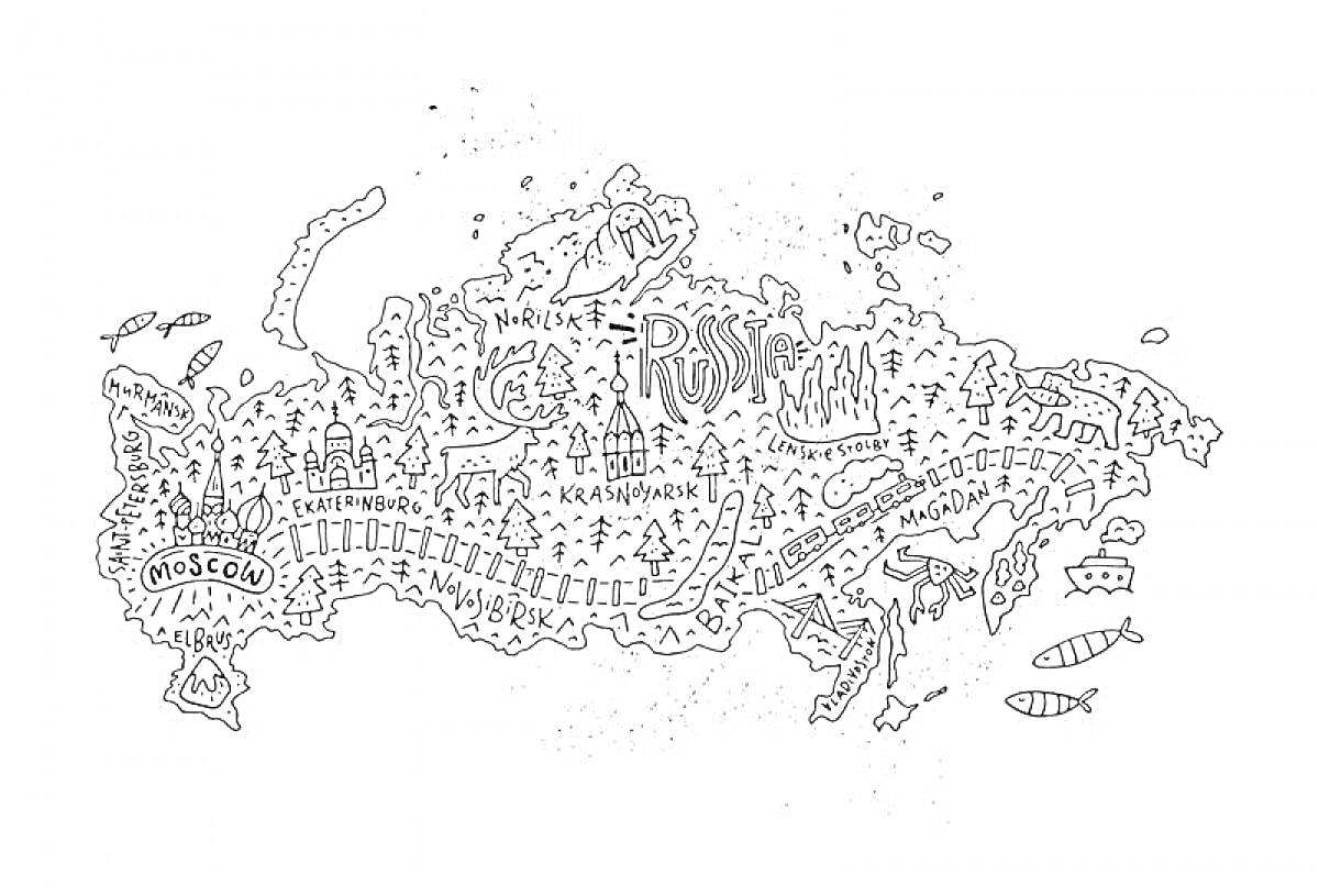 Раскраска карта России с обозначением городов (Москва и Красноярск), горизонтов разнообразных ландшафтов, флоры и фауны