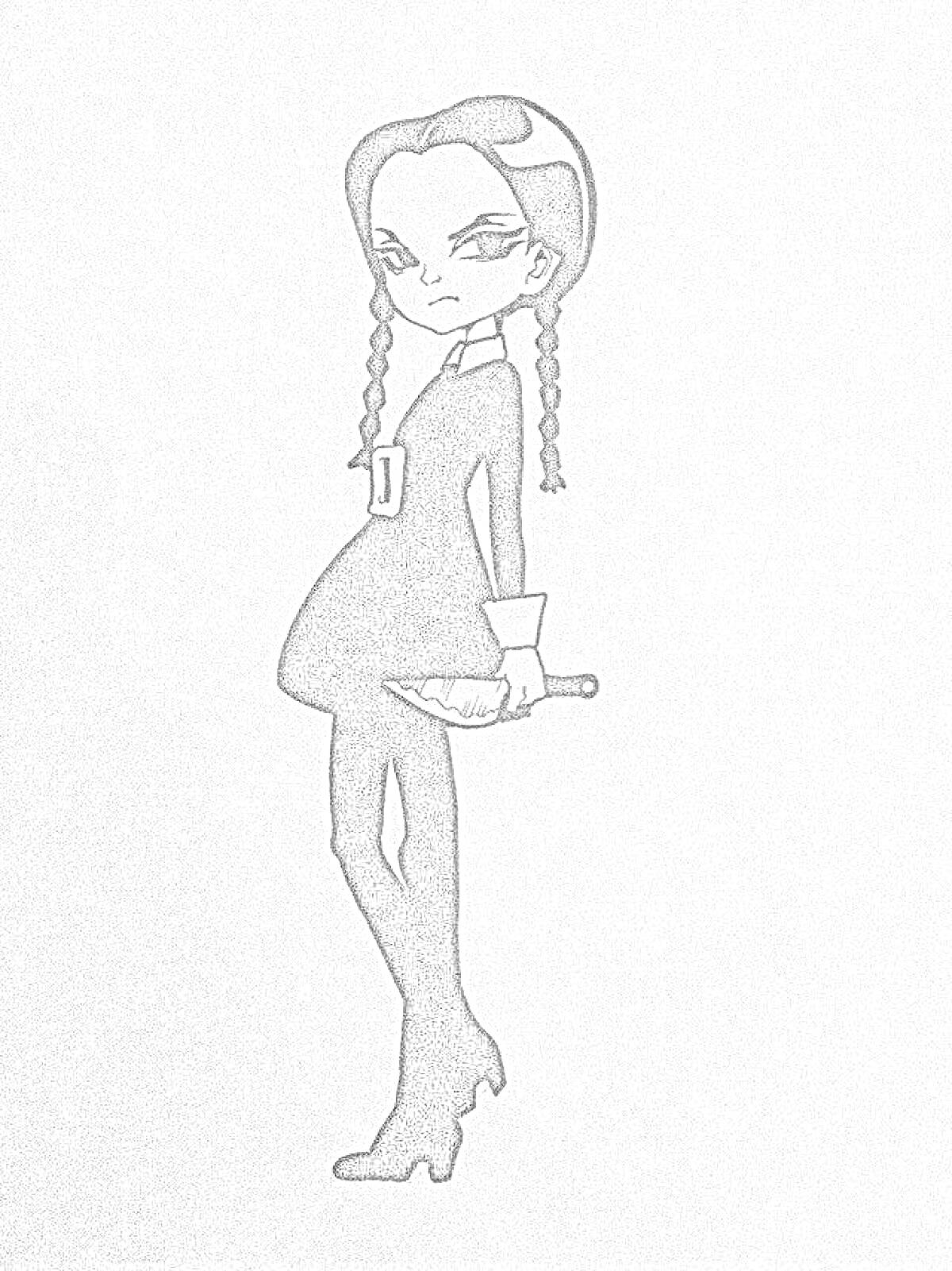 Девочка в черном платье со светлыми воротником и манжетами, с двумя косами. Она держит нож.