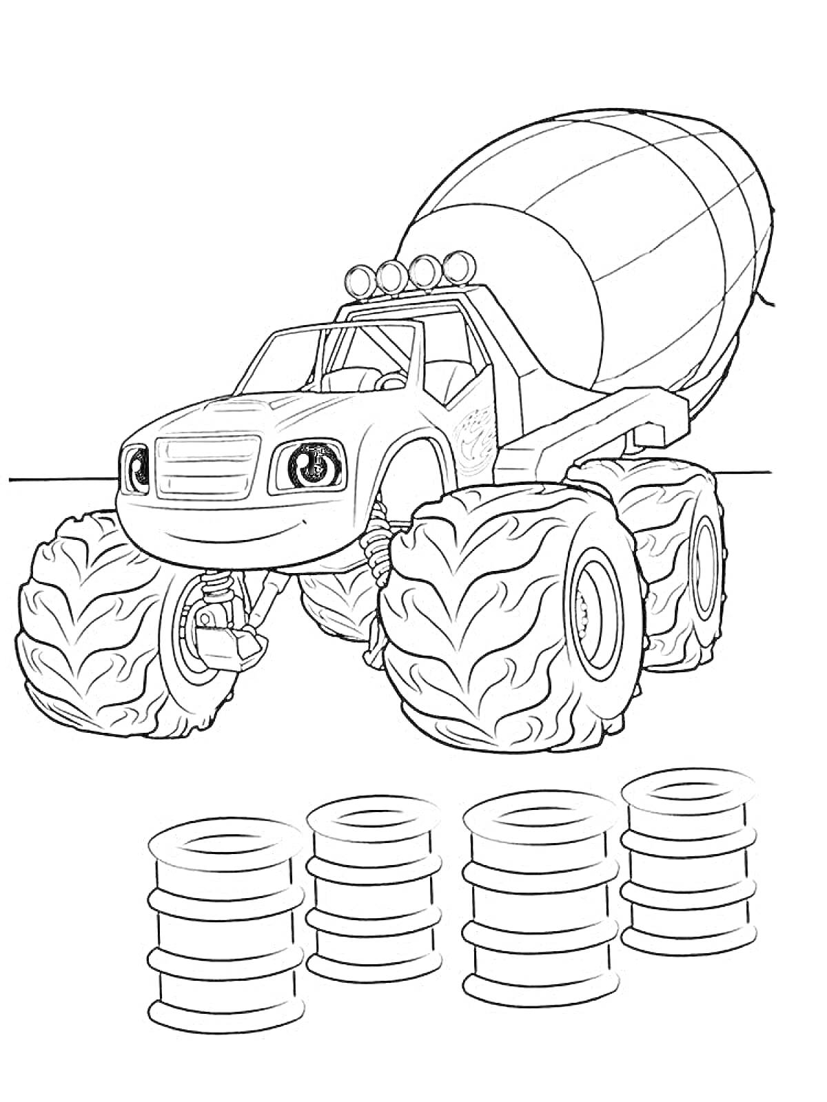 Раскраска чудо машинка-бетономешалка с большими колесами и тремя рядами колес-конусов на переднем плане
