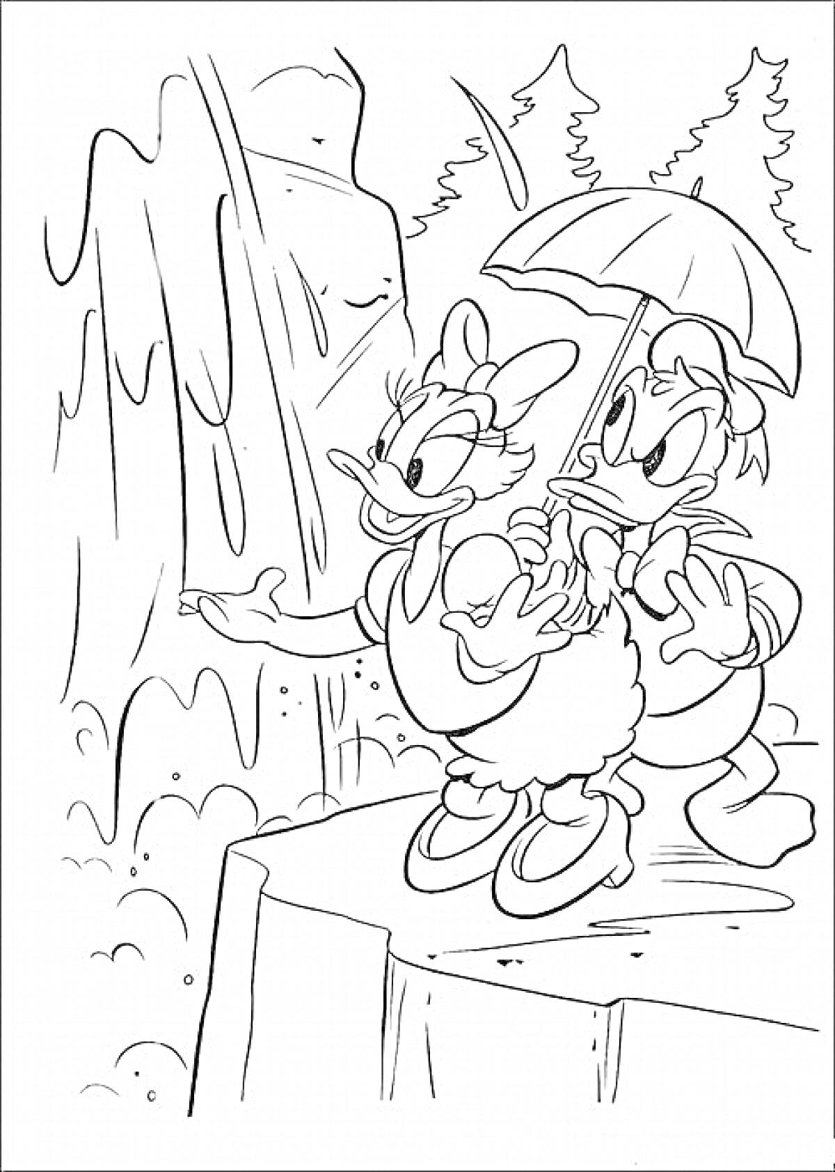 Раскраска Дейзи Дак и другой персонаж с зонтиком на скале перед водопадом, на фоне леса