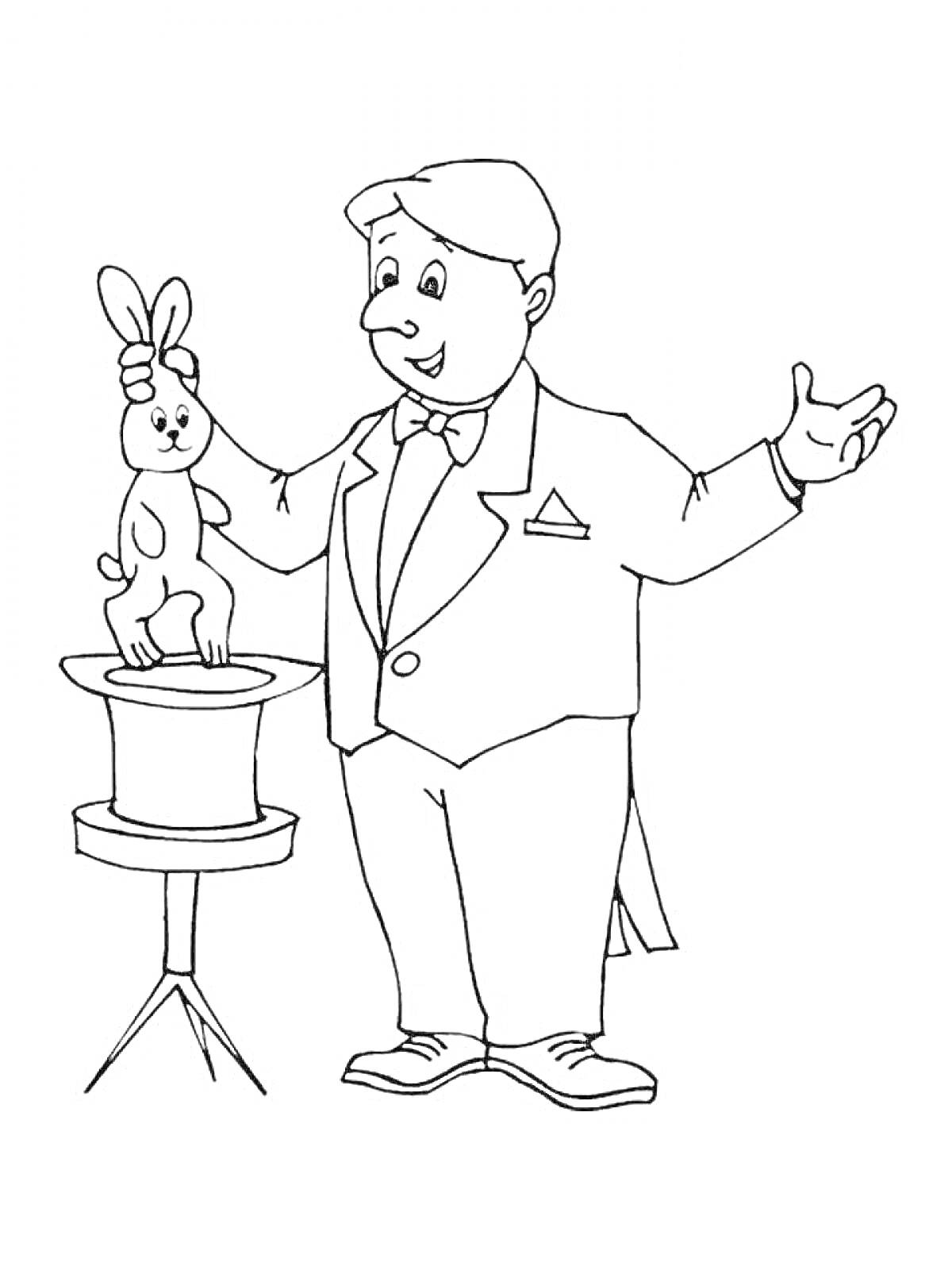 Раскраска Фокусник с кроликом и цилиндром на столе
