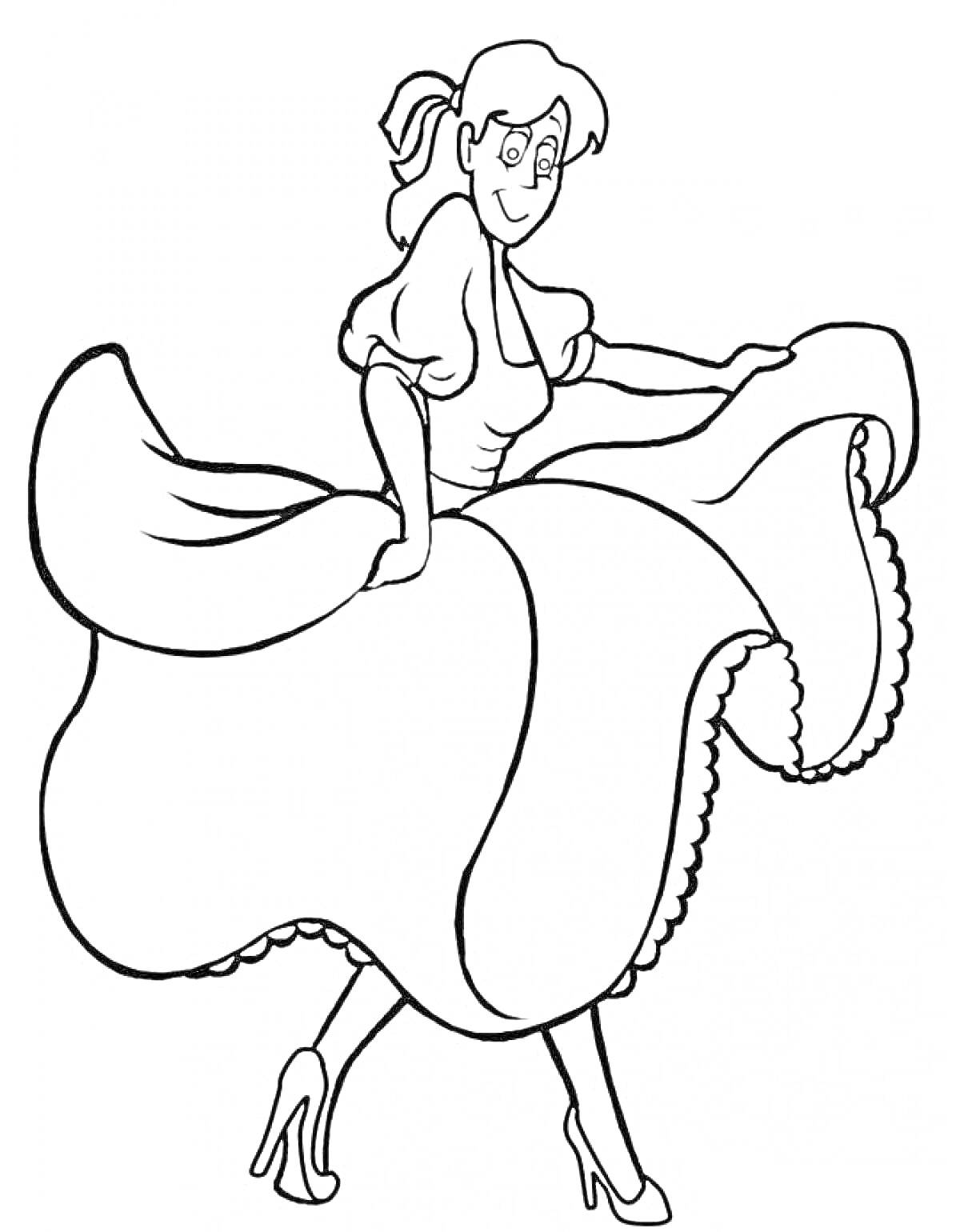 На раскраске изображено: Женщина, Платье, Танец, Пышное платье, Контурное изображение