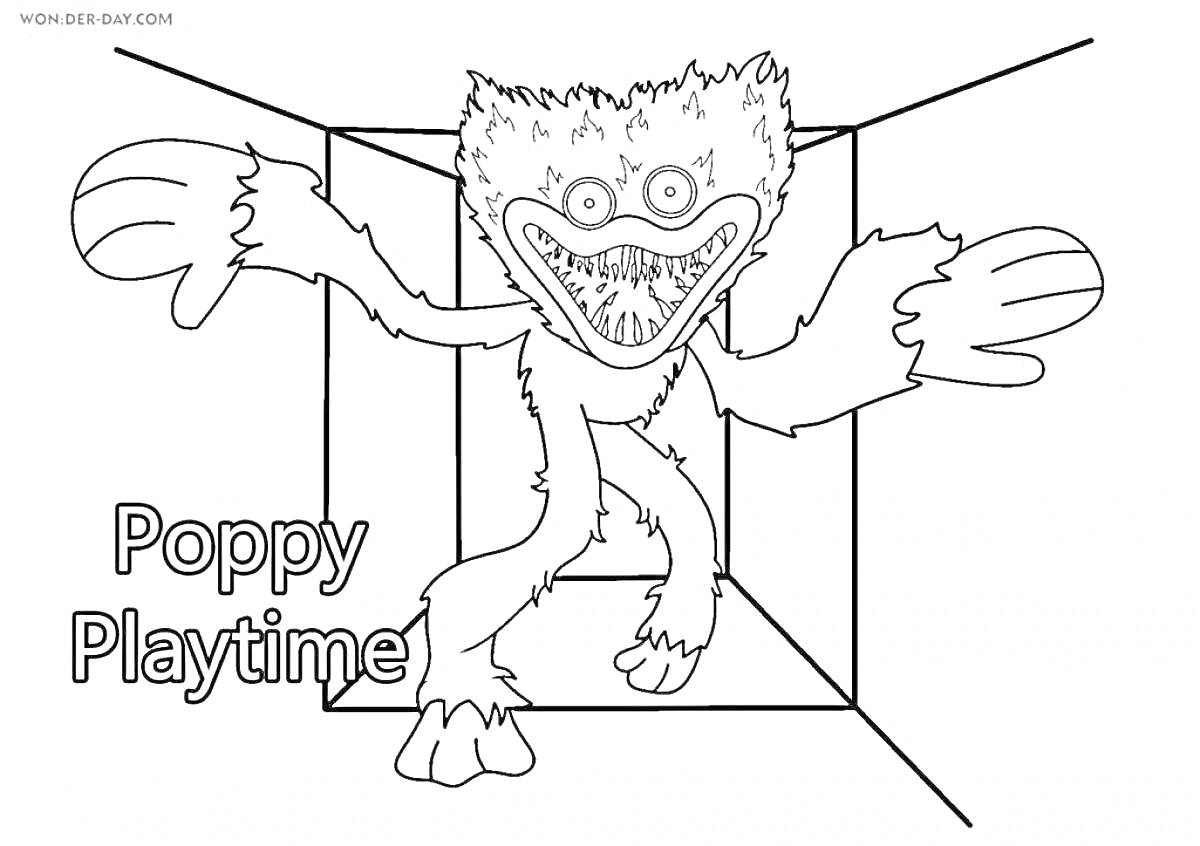 Раскраска Персонаж Huggy Wuggy из Poppy Playtime в коридоре с логотипом игры