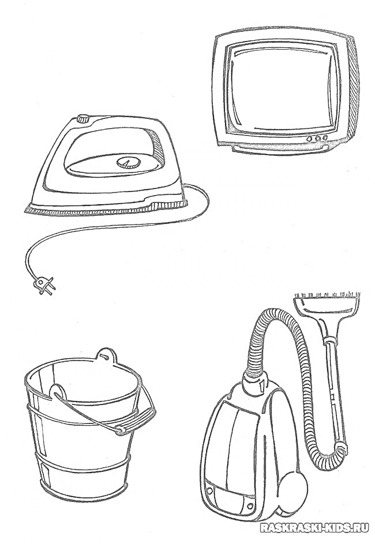 На раскраске изображено: Утюг, Телевизор, Пылесос, Предметы быта, Бытовая техника