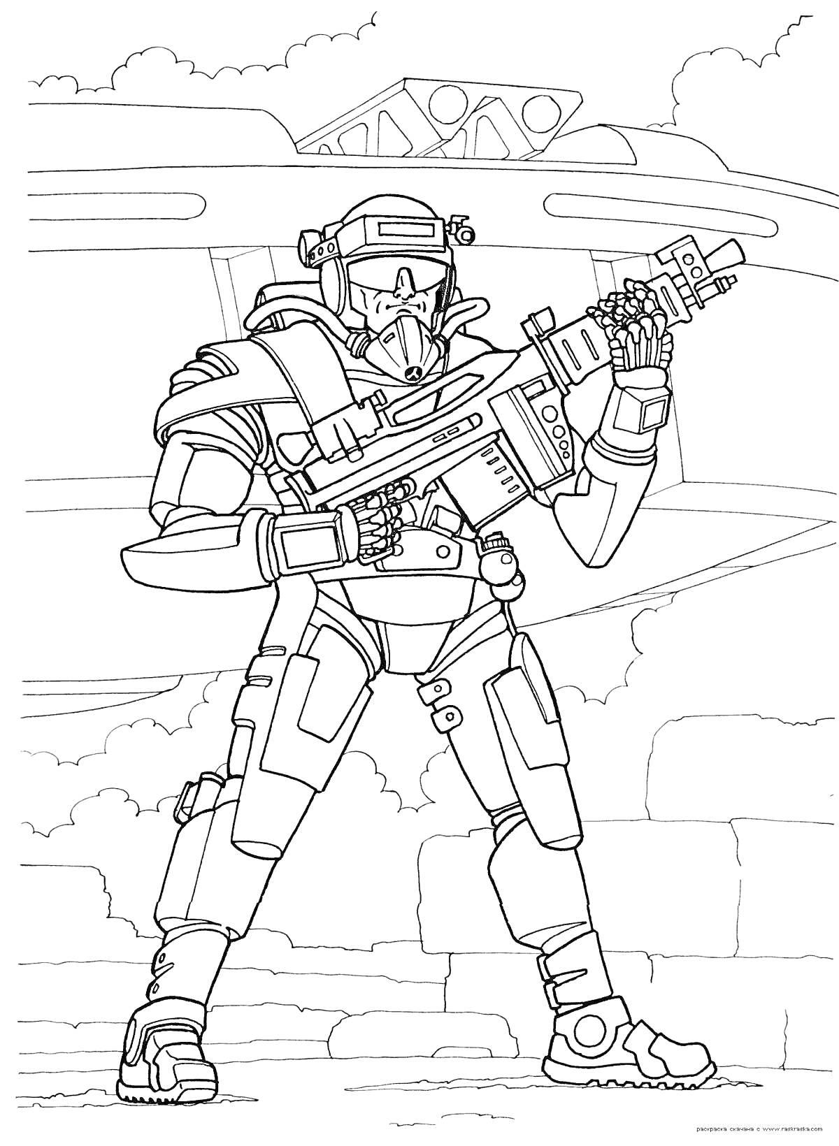 Раскраска Галактический солдат с бластером на фоне космического корабля