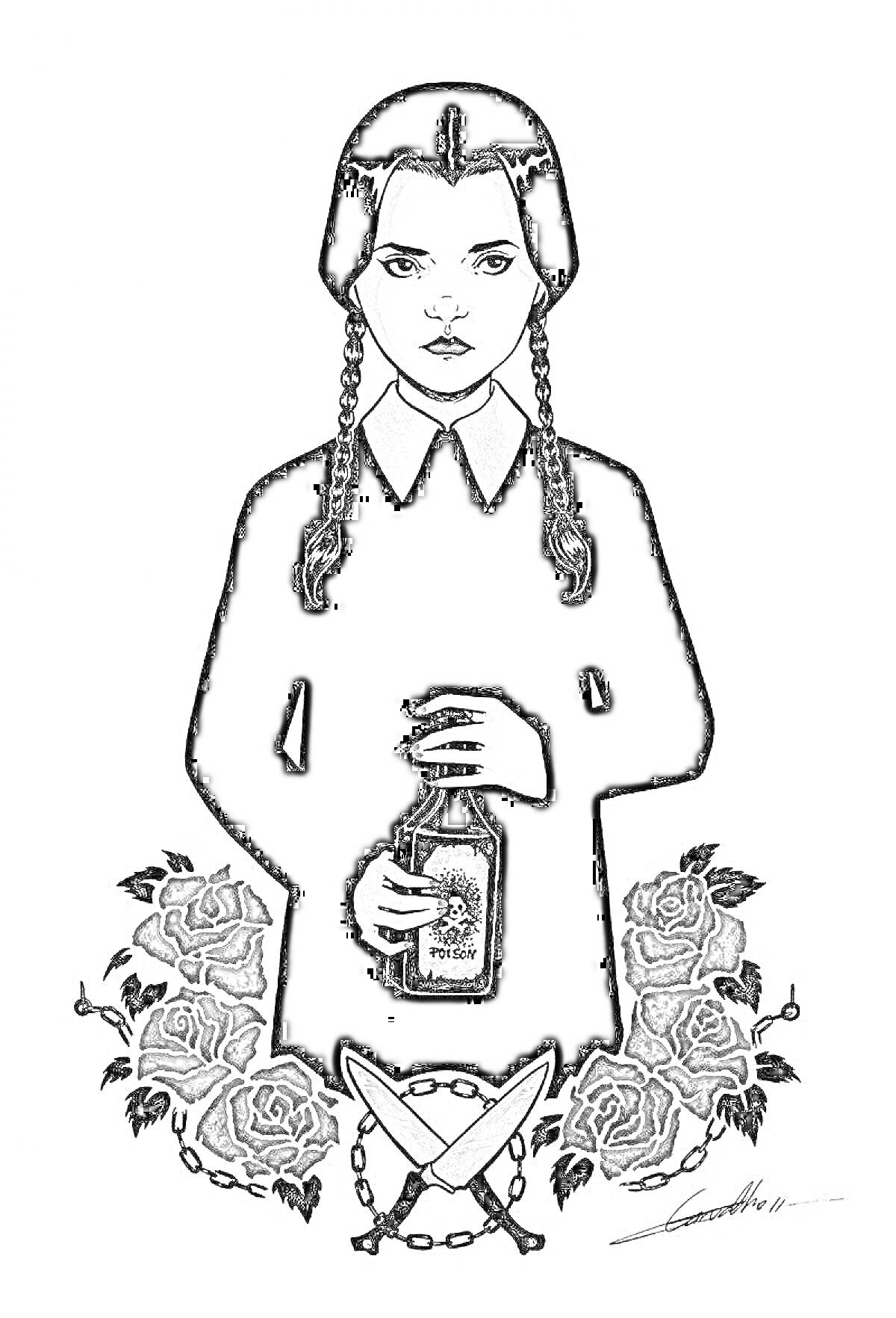Уэнздей Аддамс с бутылкой яда в руках, окруженная розами и скрещенными ножами с цепью