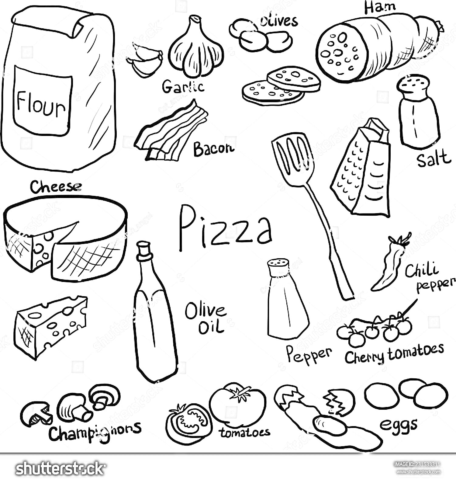 Раскраска Ингредиенты для пиццы - мука, чеснок, оливки, ветчина, соль, сыр, масло оливковое, помидоры черри, яйца, грибы, помидоры, масло, перец чили, перец черный, бекон, терка
