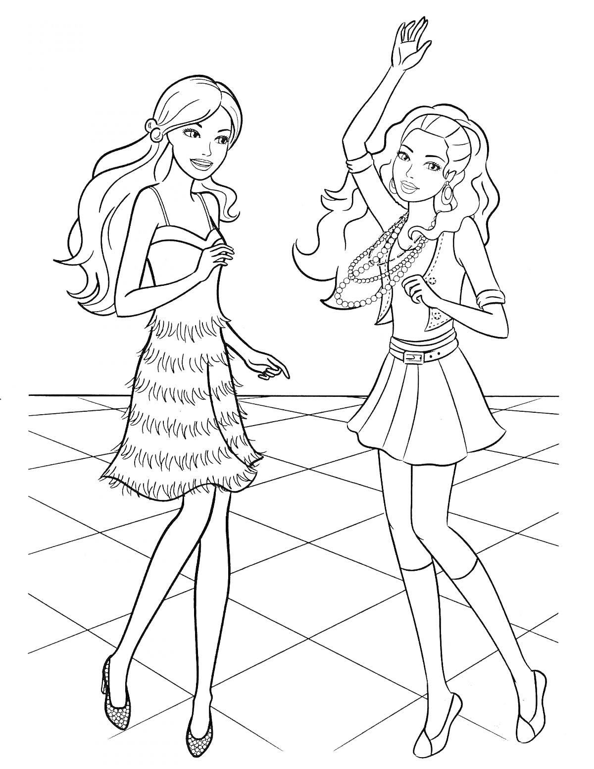 Раскраска Две девушки Барби на танцполе, в платье с перьями и юбке с ожерельями