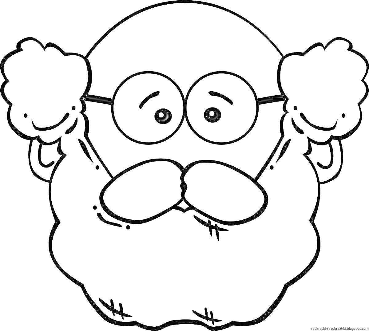 Раскраска Интересное лицо с бородой и очками, поднятые вверх кисти рук