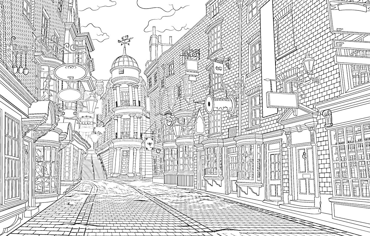 Раскраска Городская улочка с множеством зданий, табличек, вывесок и окнами, лестница, кирпичная мостовая, фонарные столбы и облачное небо на заднем плане.