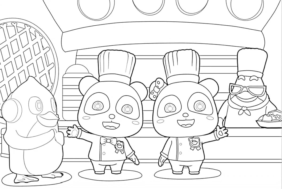 Раскраска Две панды-шефы, официант-пингвин и шеф-повар, держащий тарелку с едой в кафе
