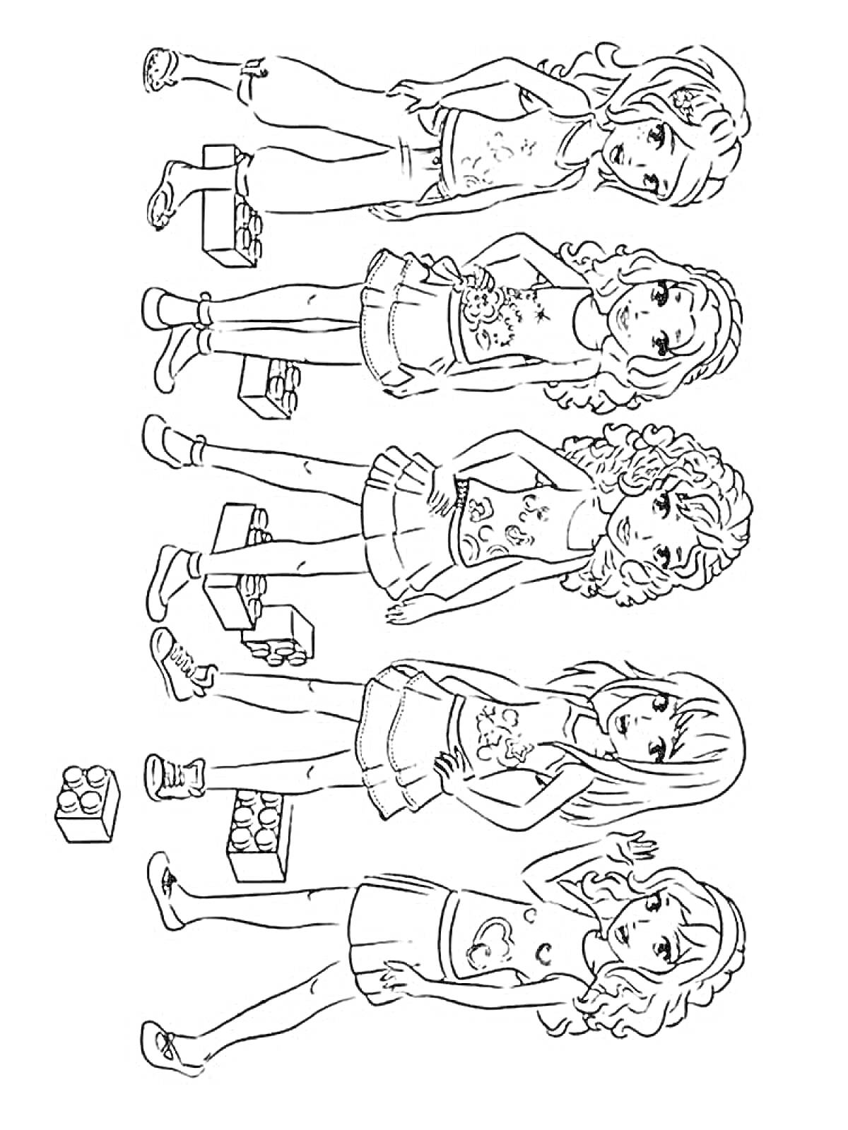 Раскраска Четыре девочки, стоящие в ряд, каждая держит или стоит рядом с кубиками Лего