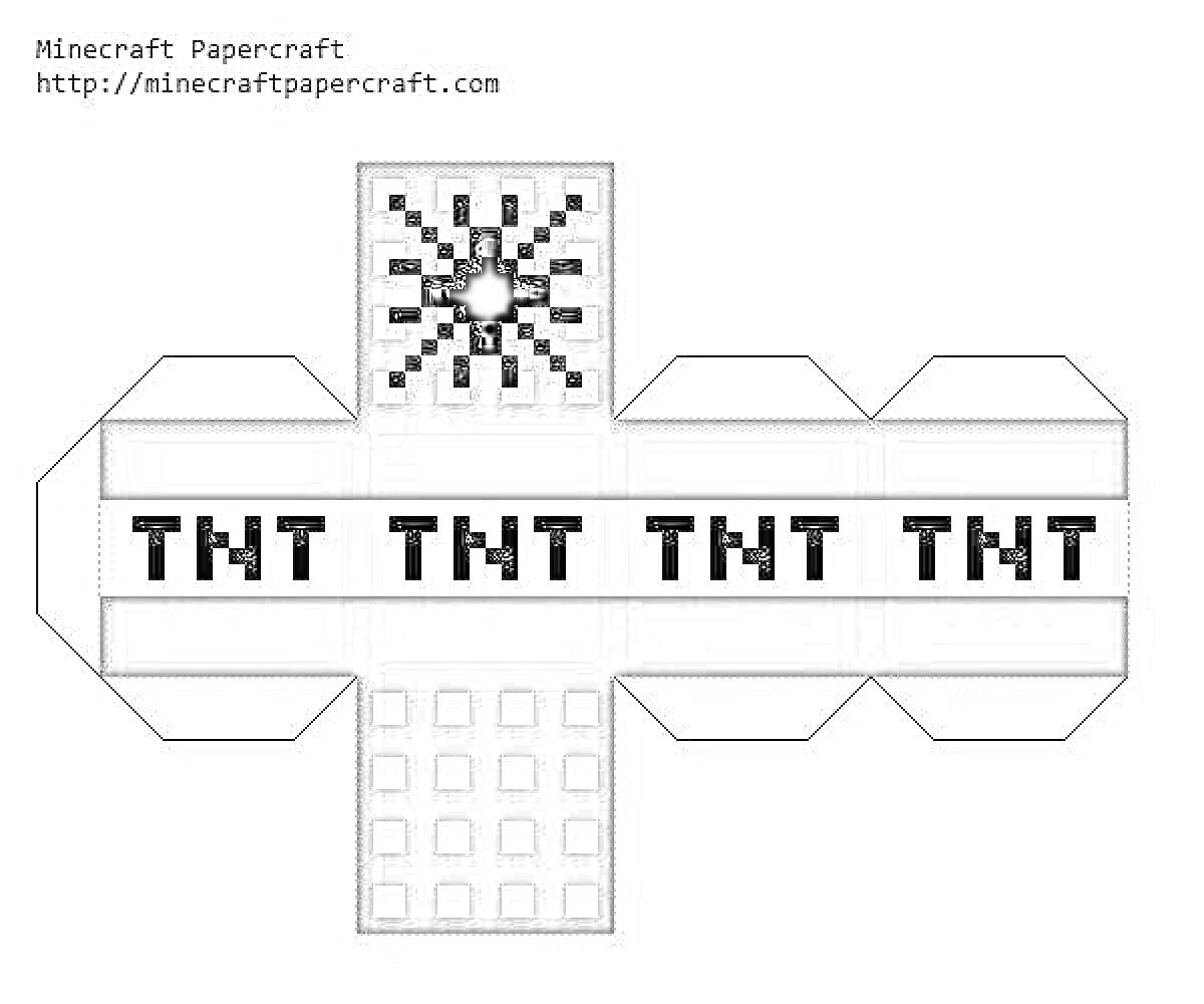 Трехмерная бумажная модель TNT из Minecraft с черно-белыми элементами: надписи TNT и пиксельный рисунок взрывчатки.
