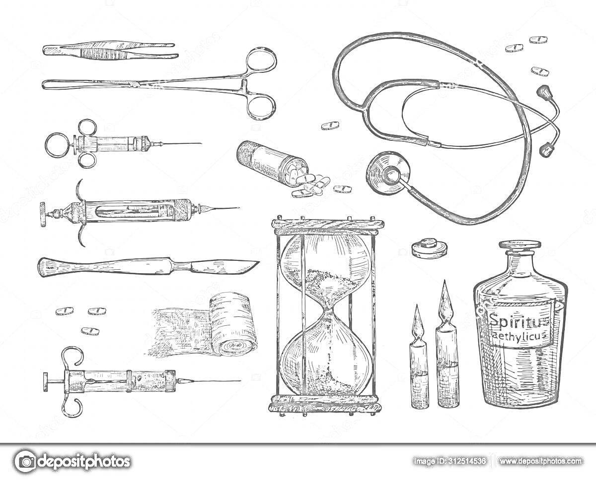 На раскраске изображено: Медицинские инструменты, Стетоскоп, Шприцы, Ампулы, Ножницы, Скальпель, Таблетки, Песочные часы, Хирургия, Медицина