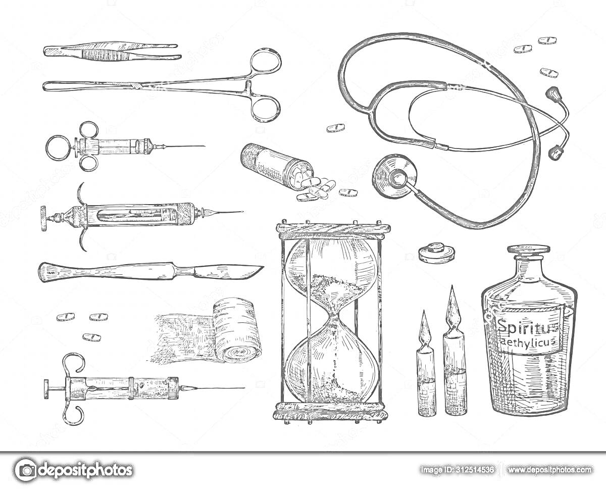 медицинские инструменты, включающие медицинские ножницы, слуховую трубку (стетоскоп), шприцы, хирургические ножницы, ампулы, бутылочку со спиртом, песочные часы и таблетки