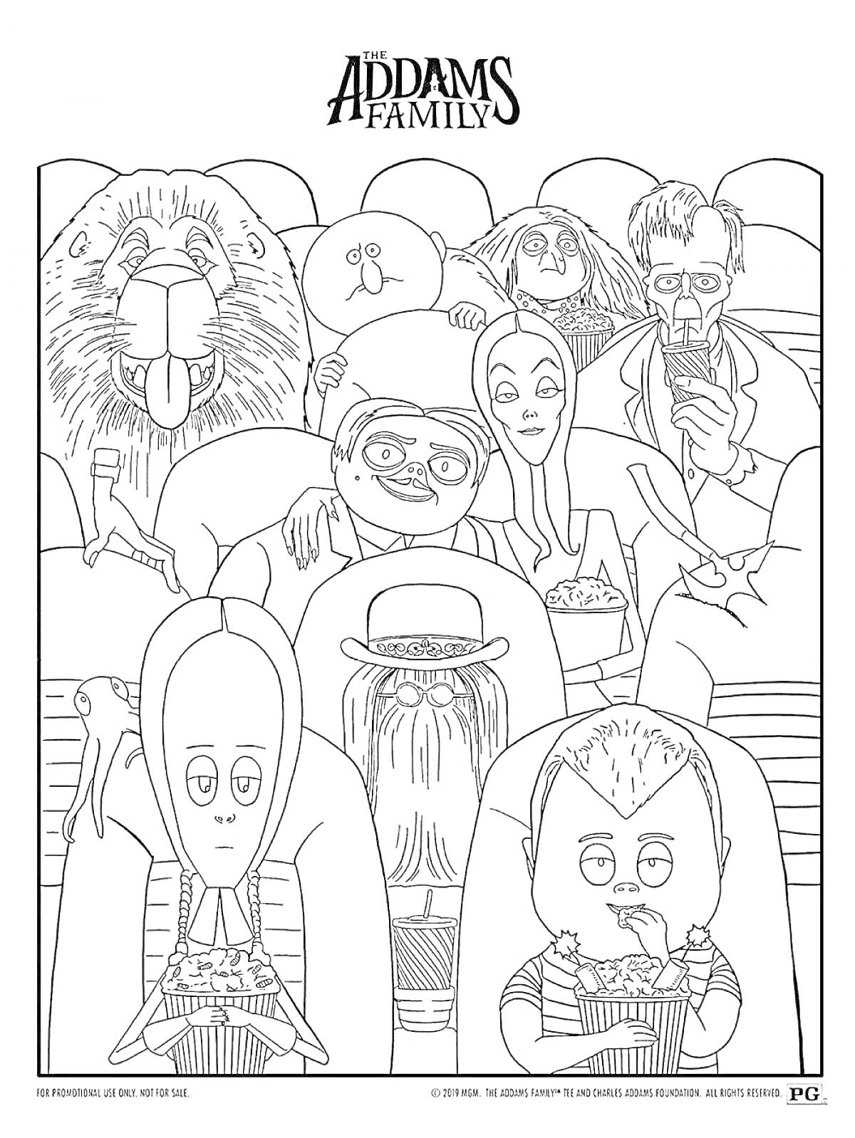 Раскраска Семейка Аддамс в кинотеатре: лев, три мужчины, женщина, волосатое существо, ребёнок